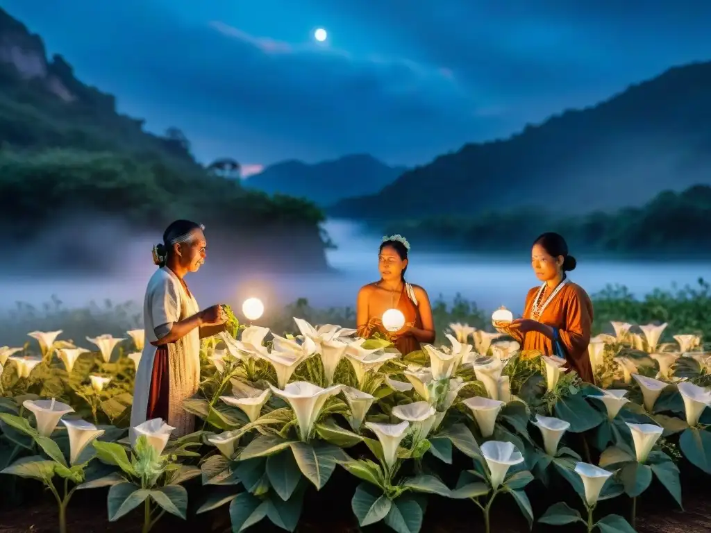 Cosecha de Datura por sanadores indígenas bajo la luna llena, revelando sabiduría ancestral