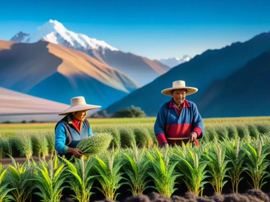 Cosecha tradicional de quinua andina por agricultores con ponchos coloridos y sombreros, beneficios salud quinua andina