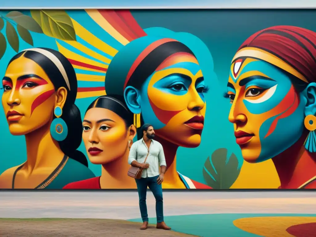 Creación contemporánea arte indígena: Artistas tribales colaboran en un mural fusionando tradición y modernidad, inmersos en su trabajo