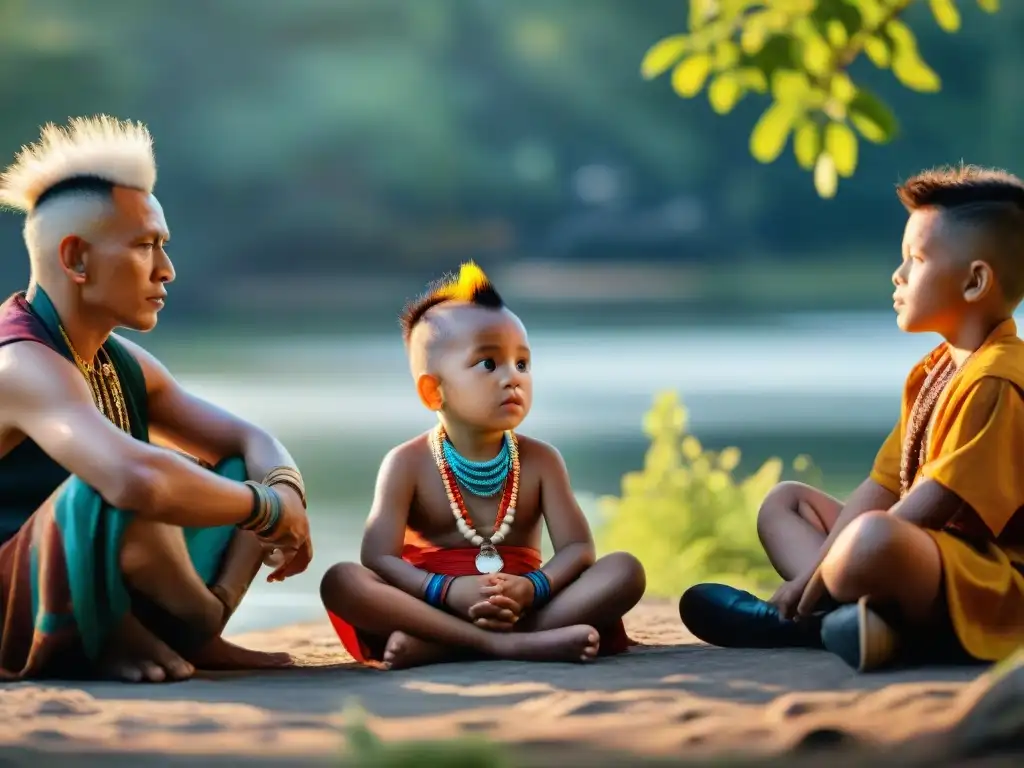 Crianza en familias Mohawk contemporáneas: Niños escuchando con reverencia a un anciano contar historias al aire libre