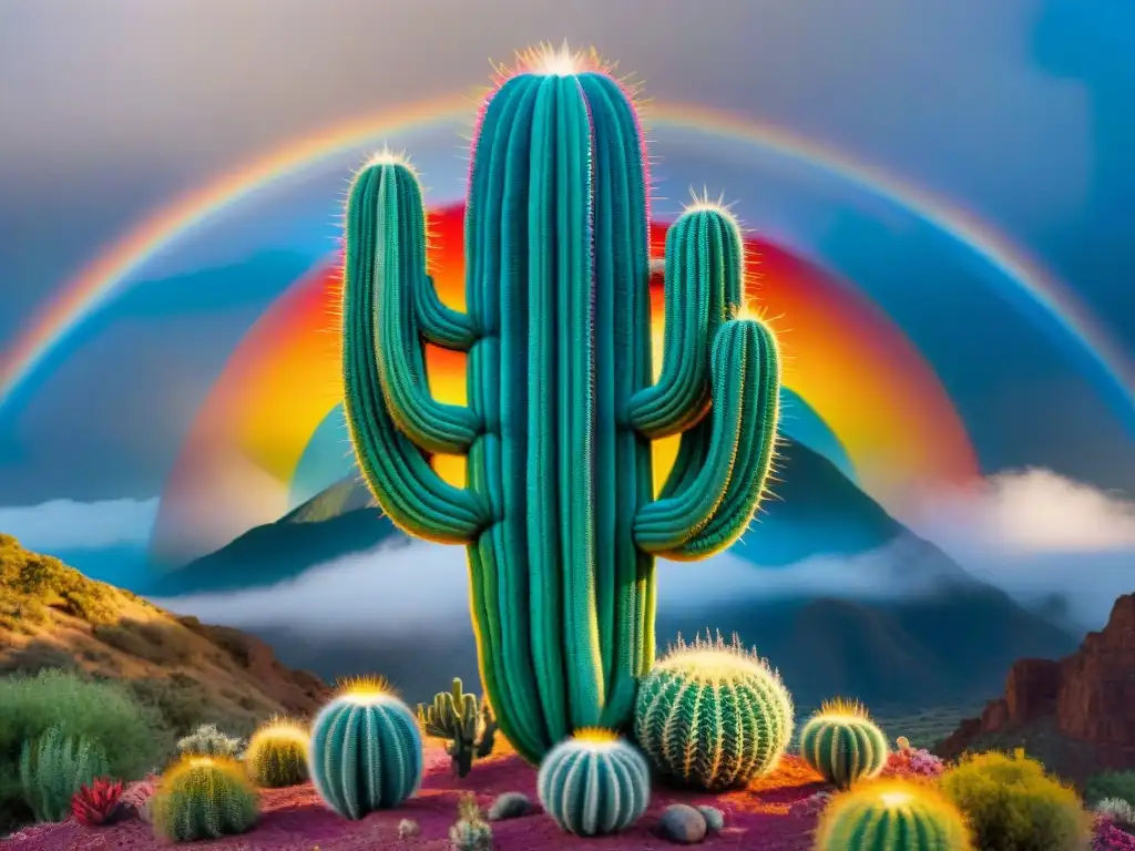 Cuadro de arte Huichol con un cactus peyote en el centro rodeado de patrones geométricos coloridos, reflejando la terapia con arte indígena