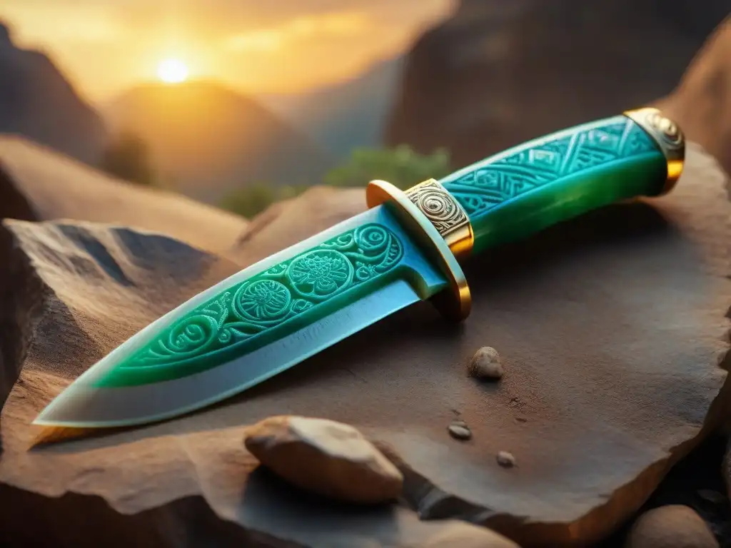 Un cuchillo ceremonial de jade precolombino tallado con criaturas míticas y patrones florales, reposando en un altar antiguo