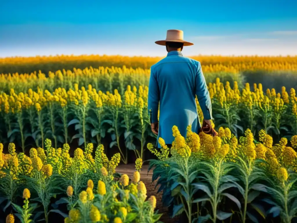 Cultivo ancestral de quinua: Campo dorado de quinua con agricultores indígenas en un día soleado