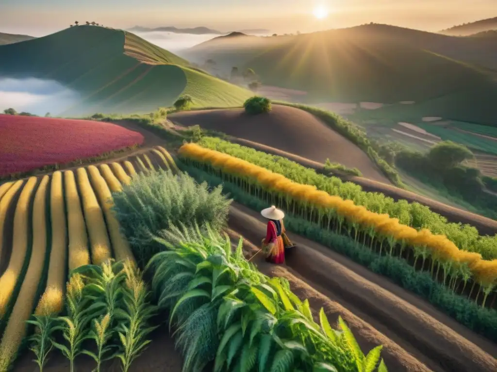 Cultivos indígenas conquistando paladares globales: agricultores cosechando quinoa en campos vibrantes bajo el cálido resplandor del atardecer