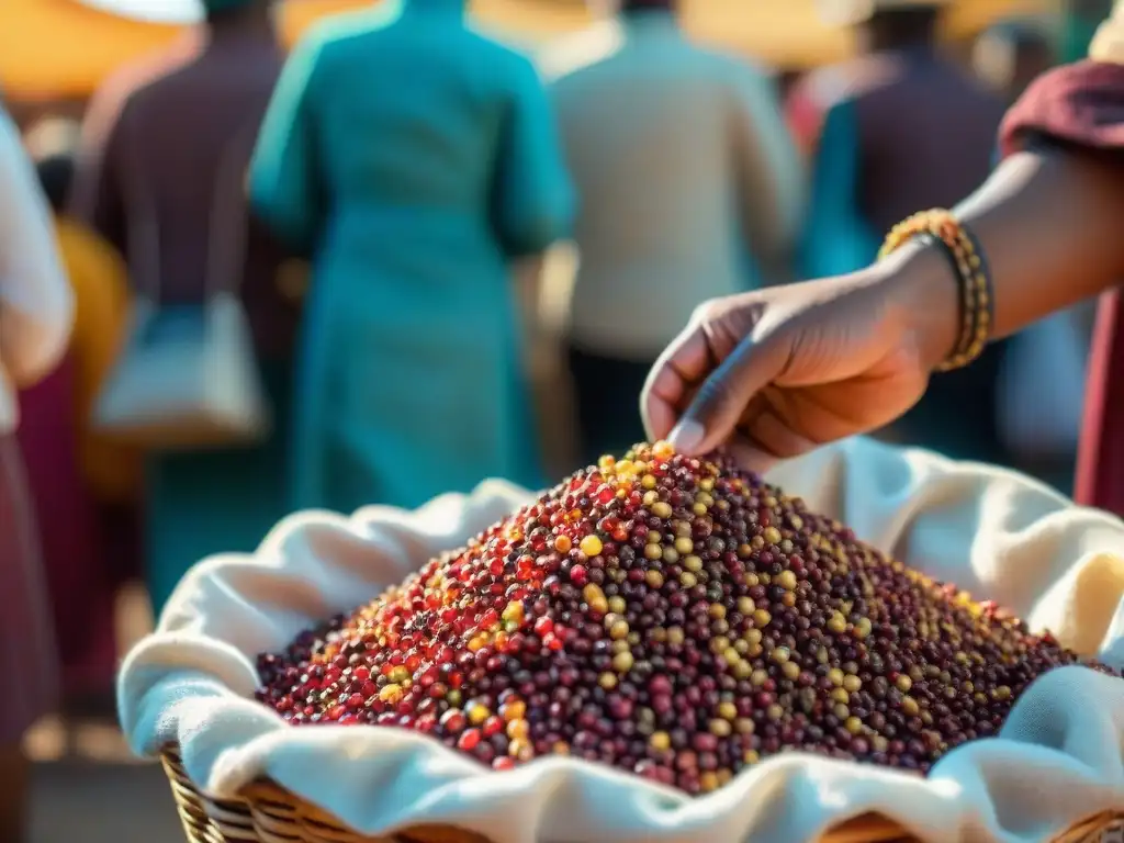 Cultivos indígenas conquistando paladares globales: semillas de quinoa coloridas en cesto tejido en mercado bullicioso