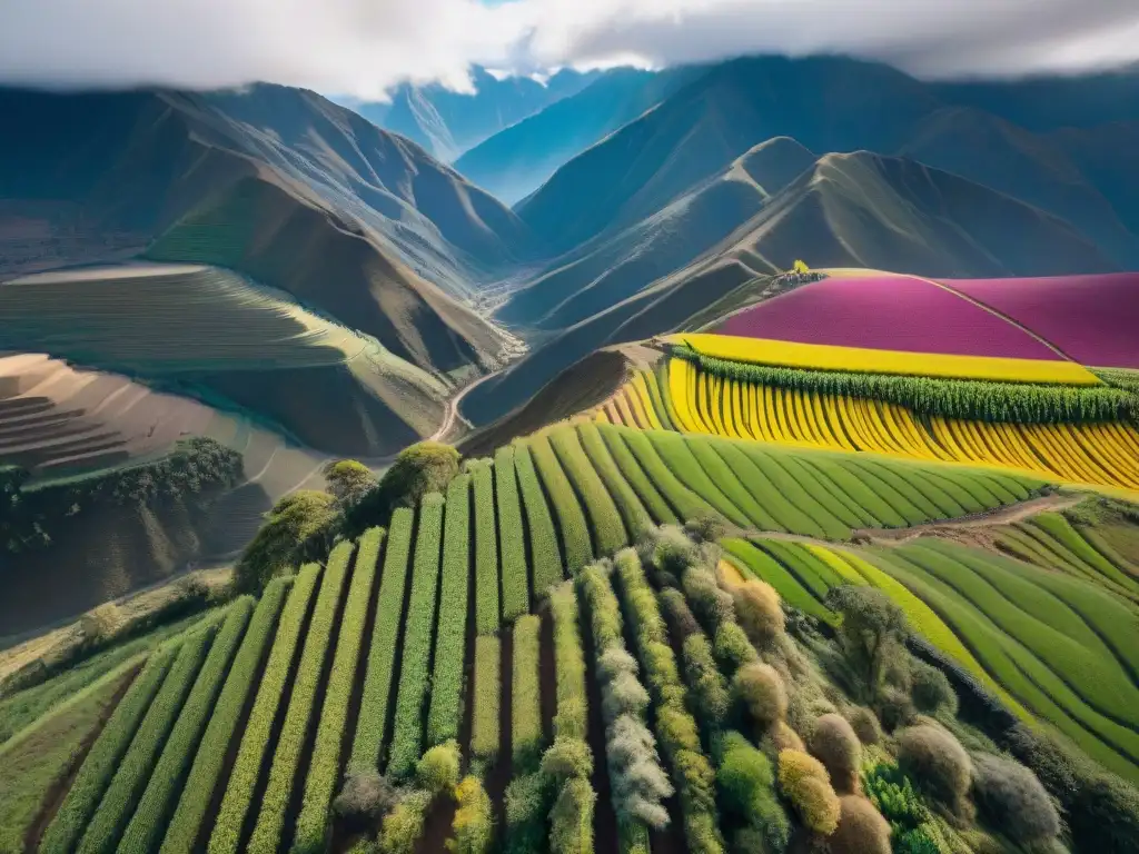 Protección de cultivos milenarios en los Andes: agricultores indígenas cuidan terrazas de quinua y papas, con drones modernos vigilando desde el cielo