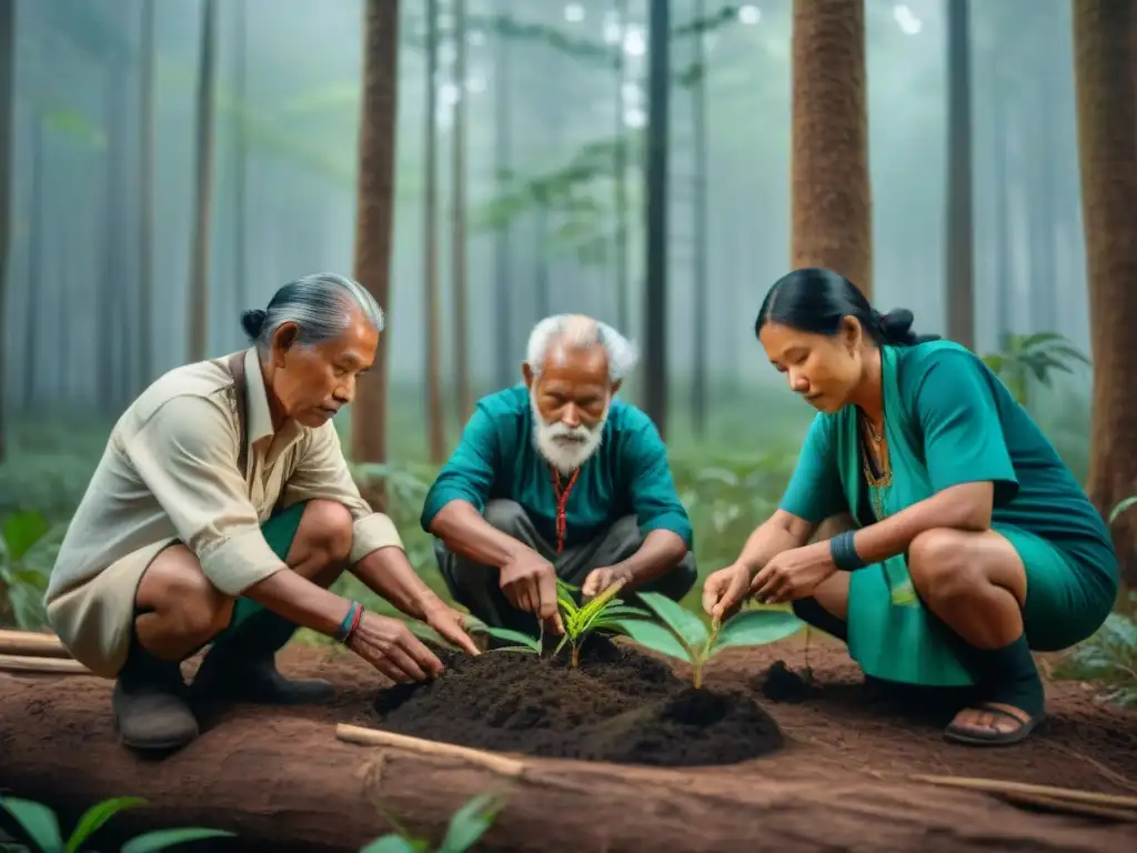 Reforestación indígena para preservar cultura: Ancianos indígenas plantando árboles con sabiduría en un bosque exuberante