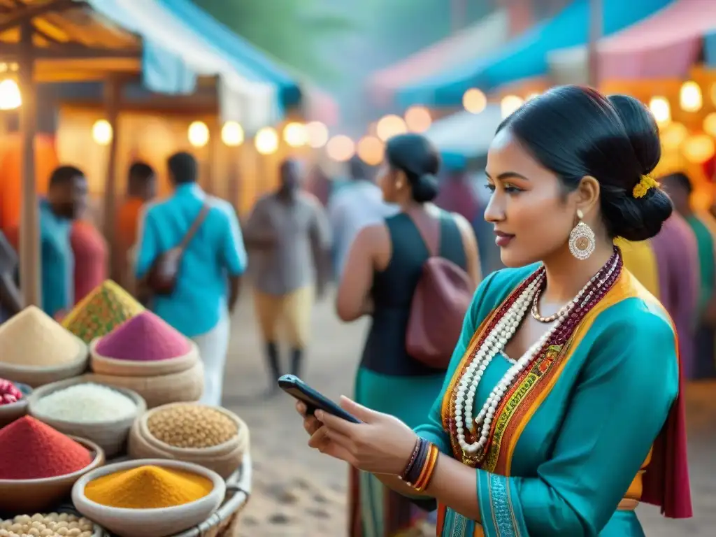 Interacción cultural en mercado vibrante entre comunidades indígenas y visitantes usando Apps diálogo intercultural