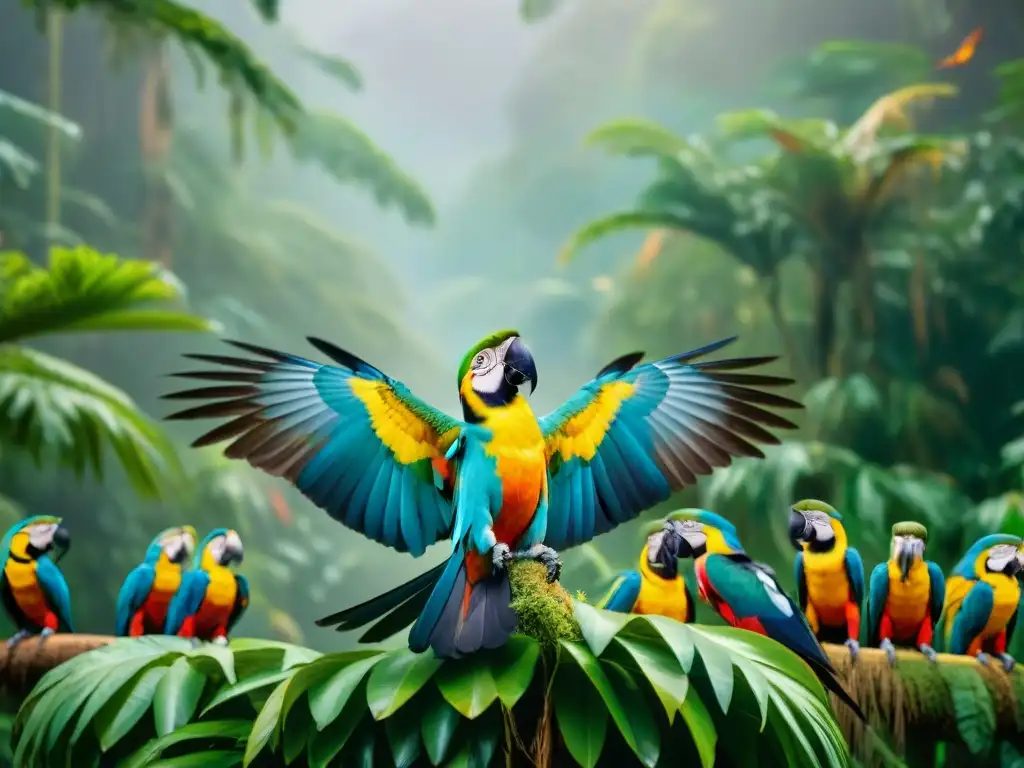 Celebración cultural de indígenas en la selva con aves coloridas, resaltando la conservación y significancia de las aves