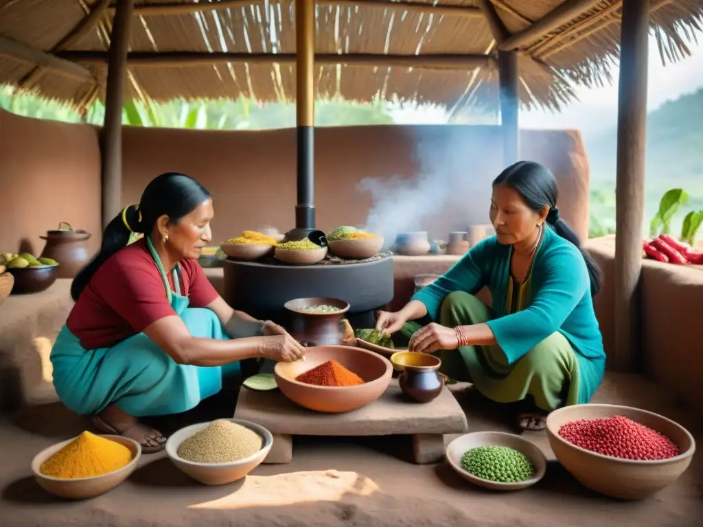 Preservación cultural a través de la cocina: Mujeres indígenas cocinando en una cocina tradicional con ingredientes coloridos y vestimenta vibrante