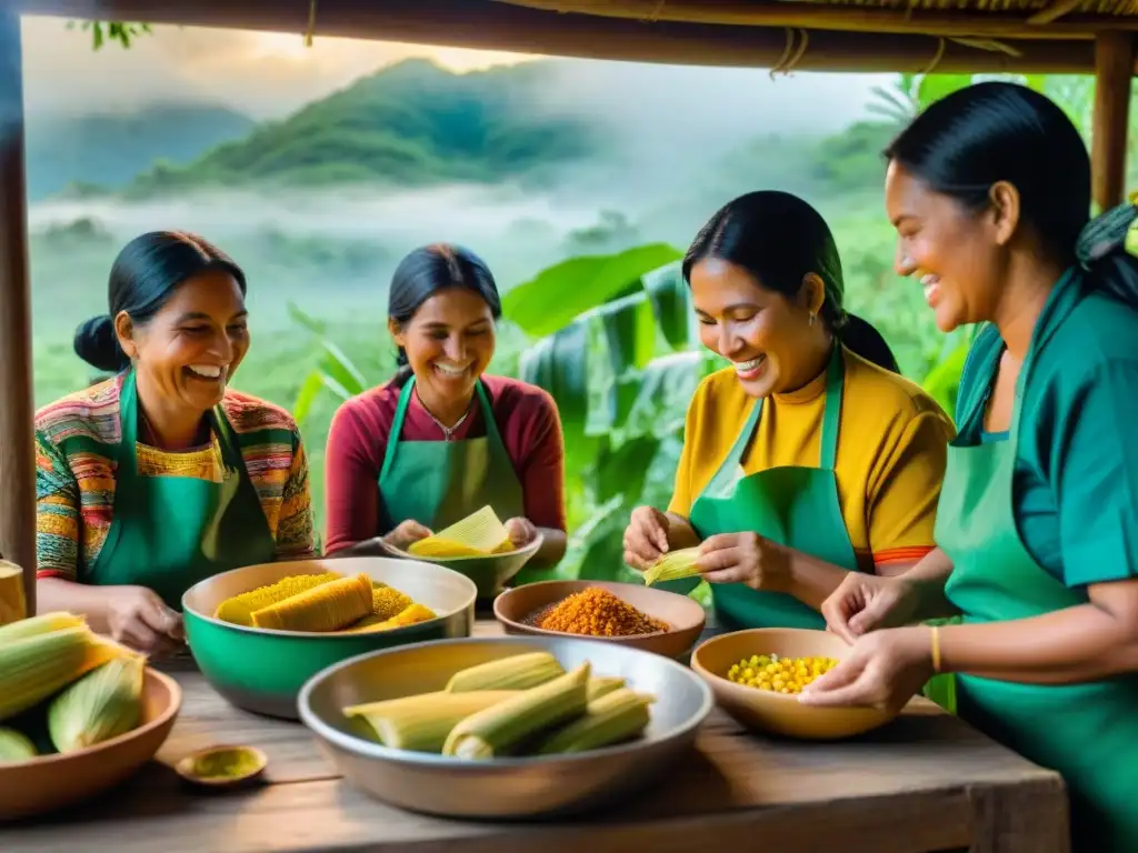 Culturas indígenas américas tradiciones culinarias: mujeres preparando tamales y humitas en cocina rústica entre vegetación exuberante