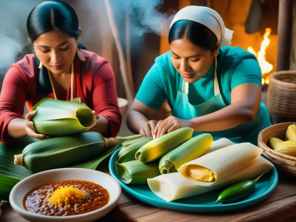 Culturas indígenas américas tradiciones culinarias: Mujeres indígenas preparan tamales y humitas en cocina rústica, rodeadas de ingredientes vibrantes