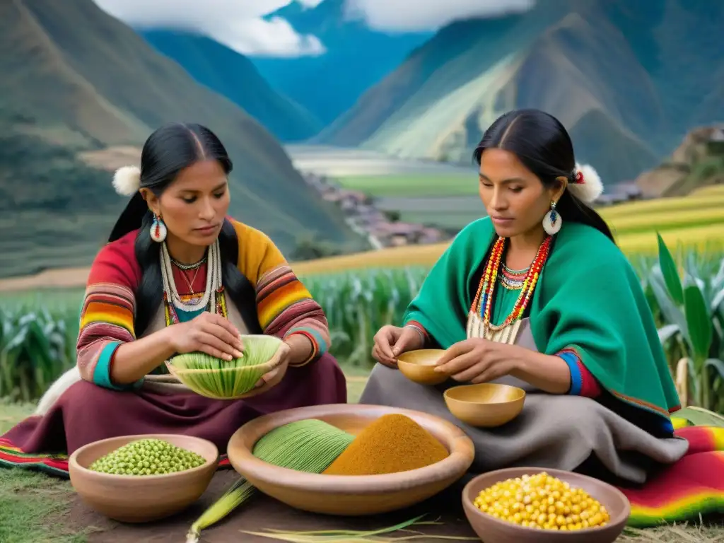 Culturas indígenas américas tradiciones culinarias: Mujeres andinas elaborando humitas en paisaje montañoso