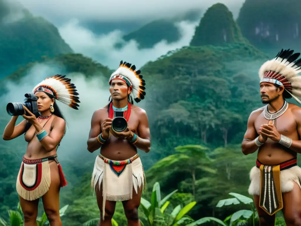 Culturas indígenas de América documentales: Grupo de indígenas orgullosos, vestidos con atuendos tradicionales, filmando en la selva