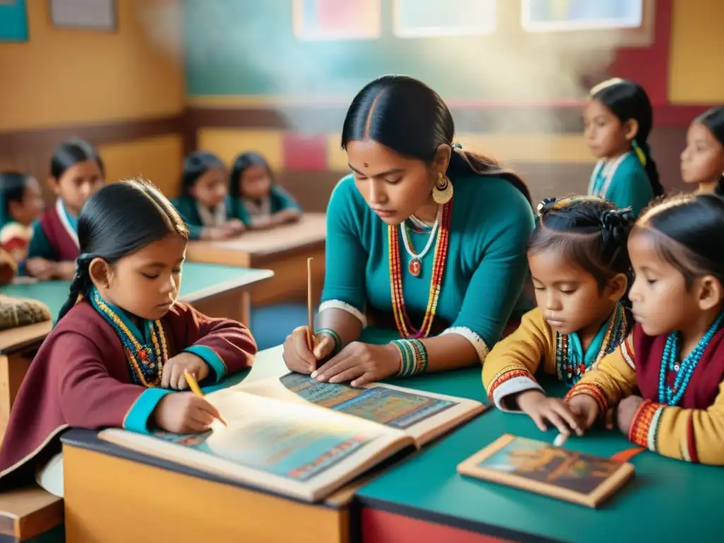 ONGs promoción educación bilingüe culturas indígenas: Niños indígenas aprendiendo en aula colorida y rica en cultura