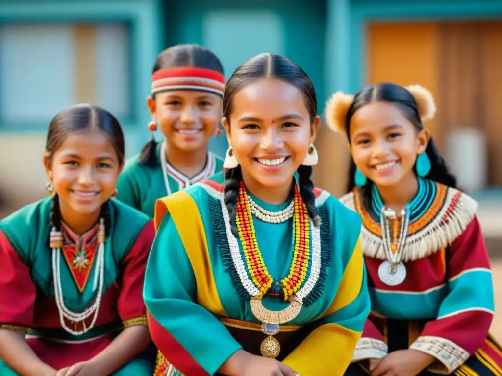 Celebración de culturas indígenas con niños sonrientes en intercambio cultural, promoviendo educación intercultural para indígenas