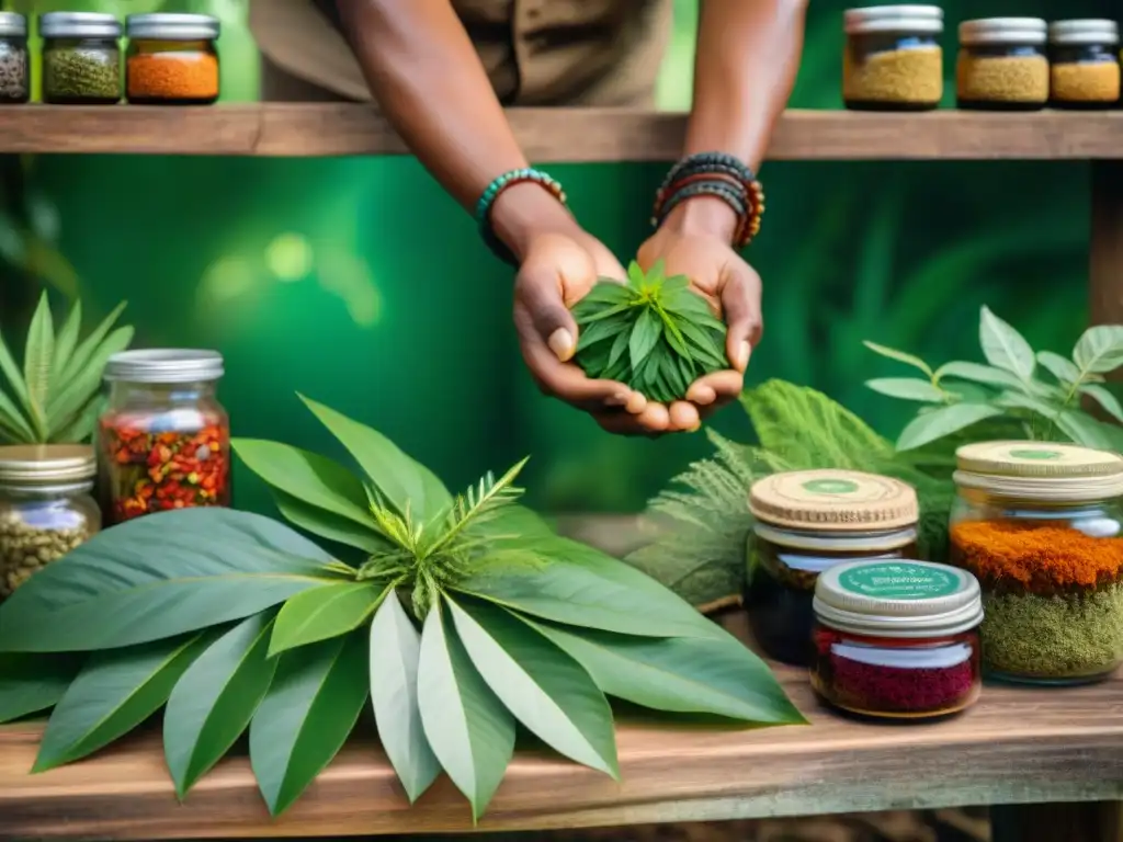 Un curandero amazónico preparando remedios medicinales con plantas nativas, mostrando la farmacopea indígena amazónica historia