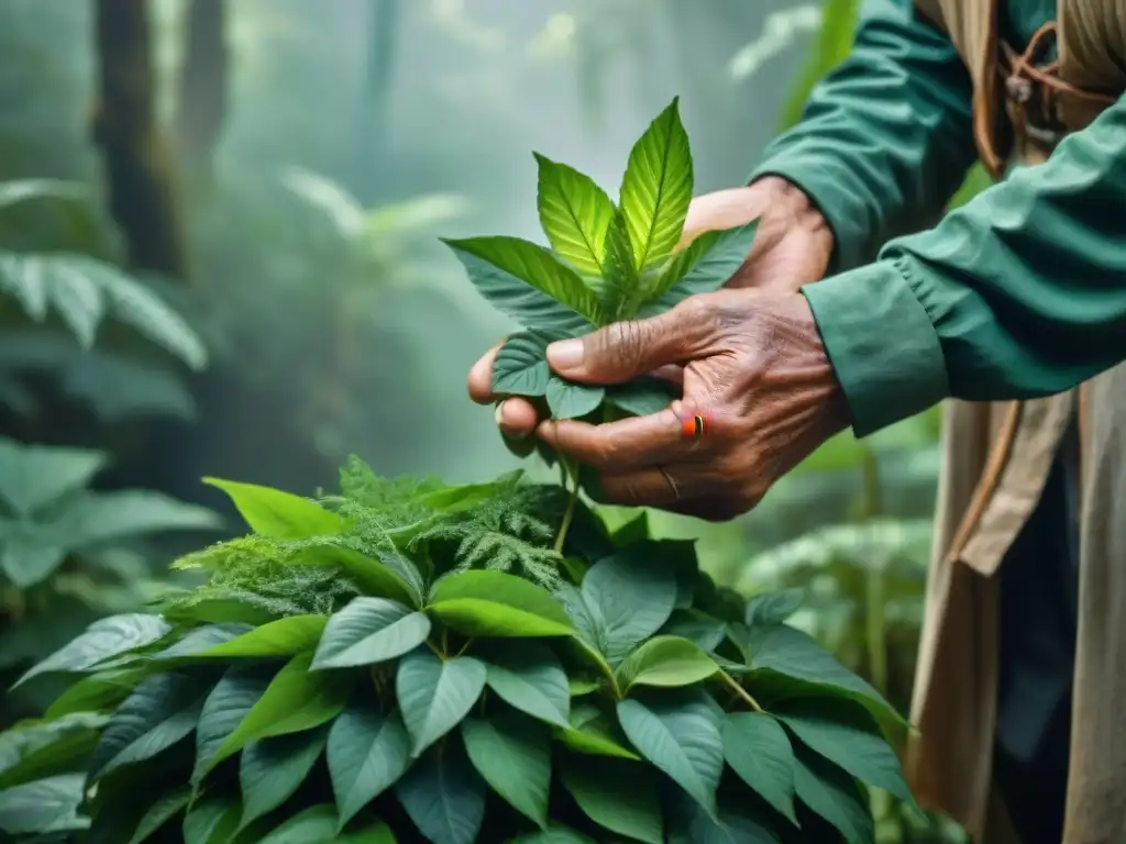 Un curandero anciano cosechando hojas verdes de planta medicinal en la selva