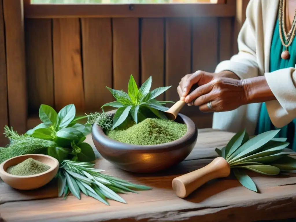 Un curandero andino preparando una infusión con yerba buena, destacando la conexión entre cultura, tradición y propiedades curativas yerba buena