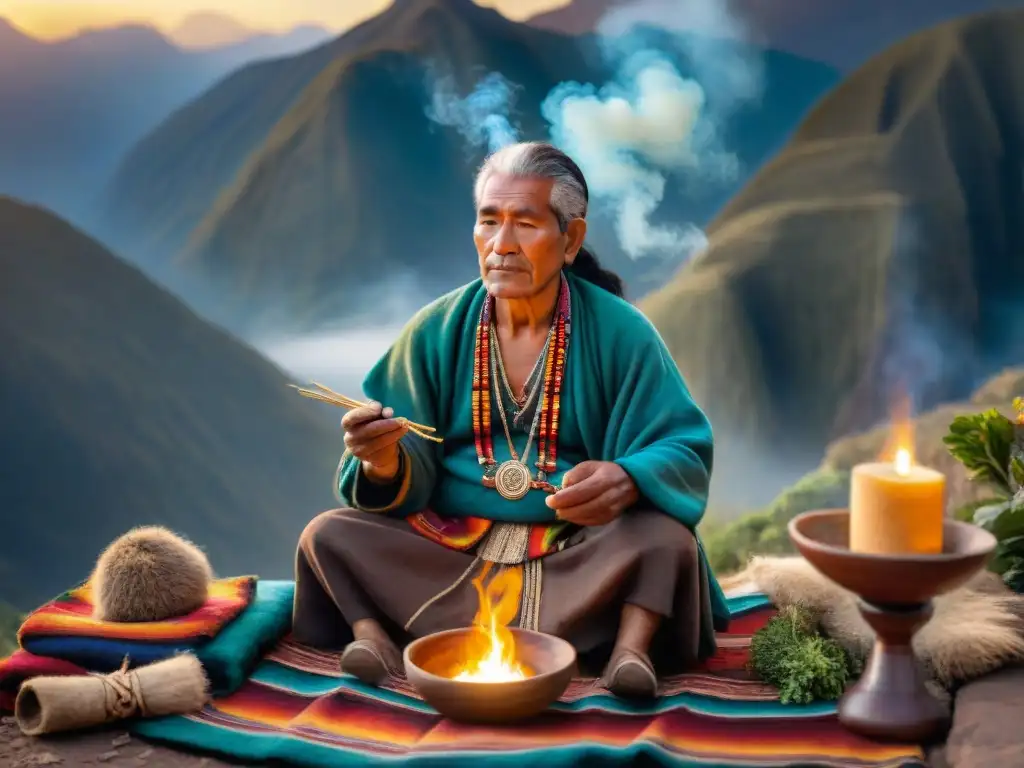 Un curandero andino en ritual con hierbas sagradas y palo santo, en medio de montañas al atardecer