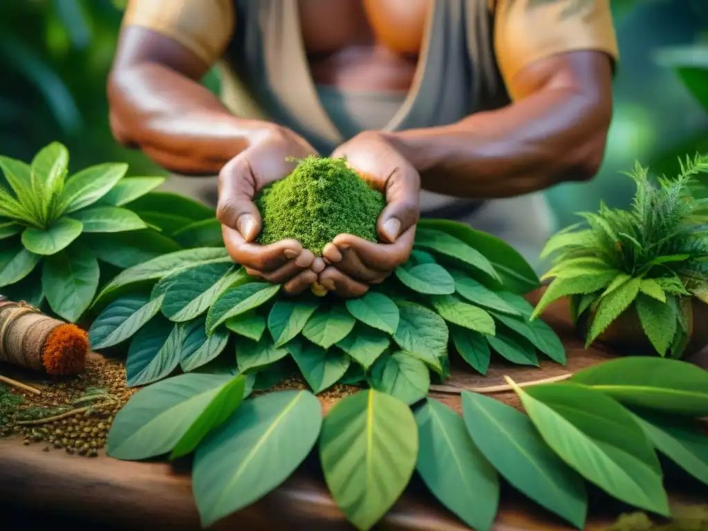 Un curandero de la comunidad nativa en la selva amazónica preparando remedios herbales en armonía con la naturaleza