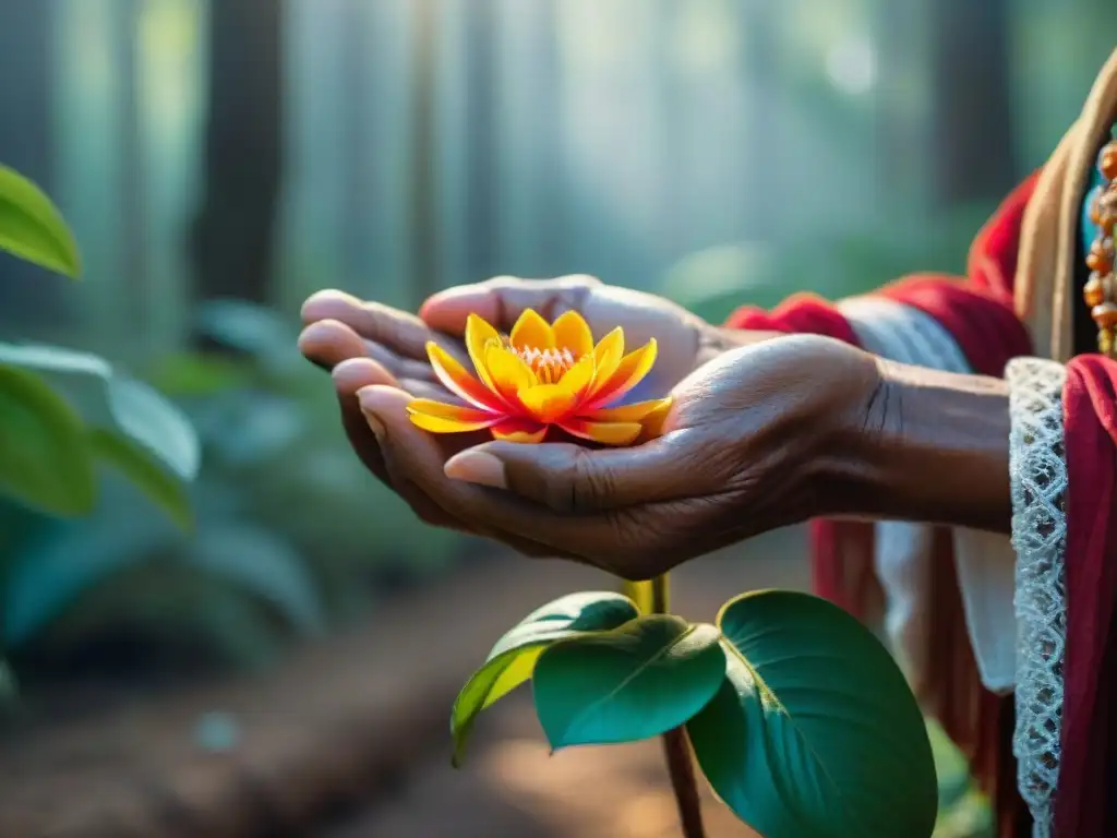 Un curandero sostiene una flor vibrante en un bosque místico