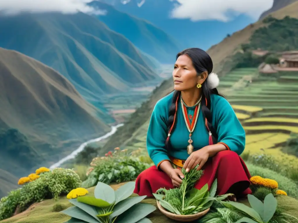 Un curandero Quechua seleccionando hierbas medicinales en un paisaje andino exuberante