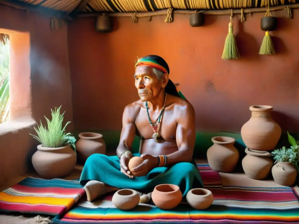 Un curandero inca prepara hierbas medicinales en una choza de adobe, iluminado por la luz del sol