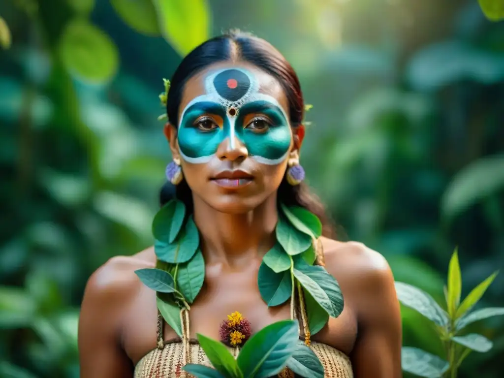 Un curandero indígena del Amazonas selecciona hierbas medicinales en la selva, conectando con la naturaleza