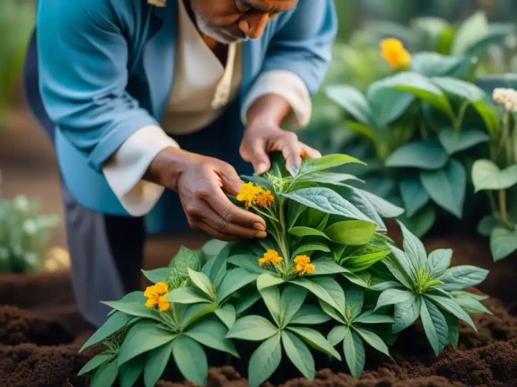 Un curandero indígena cuidando con amor su jardín de plantas medicinales, mostrando conexión con la naturaleza y sabiduría ancestral