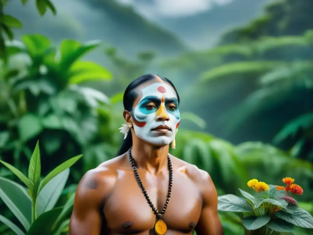 Un curandero indígena realiza una ceremonia rodeado de plantas medicinales en la selva, mostrando prácticas medicinales indígenas contemporáneas