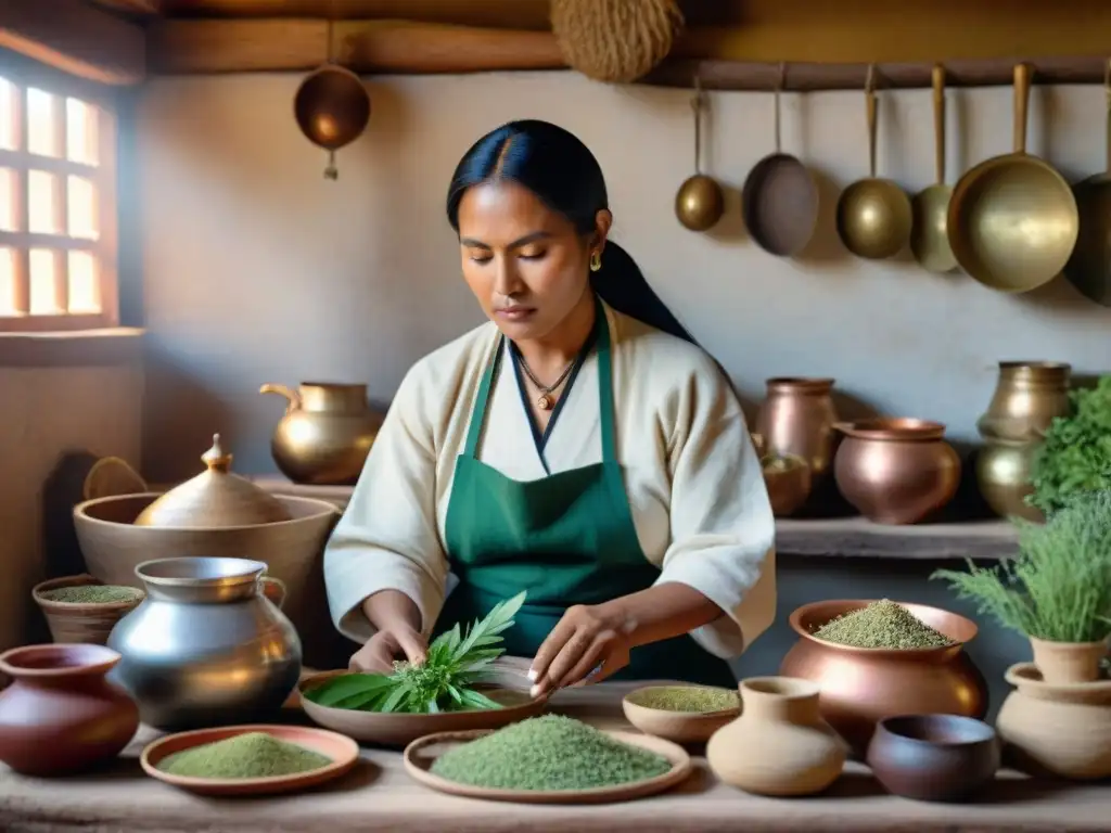 Un curandero indígena experto preparando plantas medicinales en una cocina tradicional llena de utensilios y ingredientes