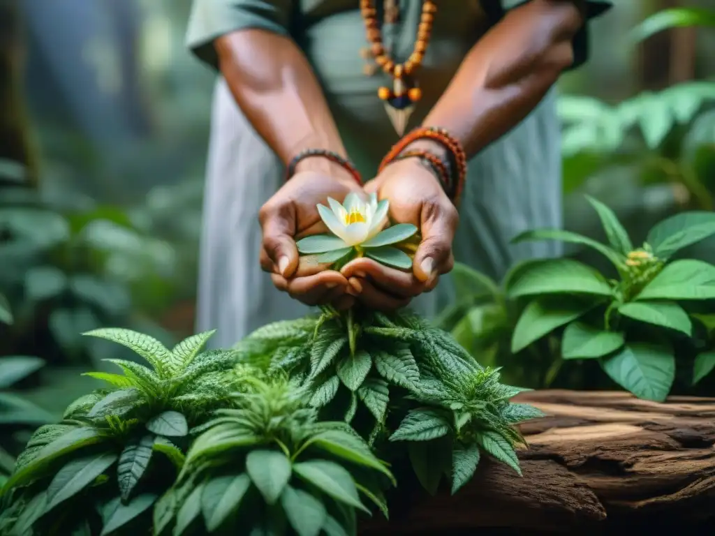 Un curandero indígena selecciona hierbas en la selva, mostrando sabiduría ancestral