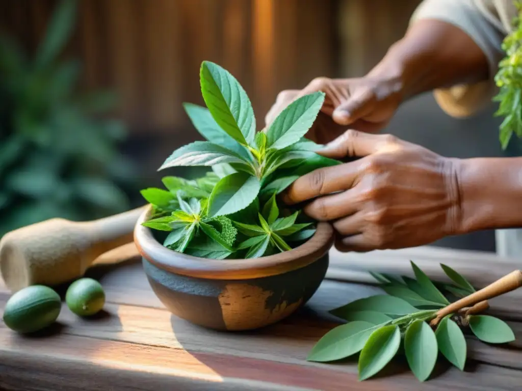 Un curandero indígena prepara una medicina herbal en un mortero de madera, mostrando antiguos conocimientos indígenas