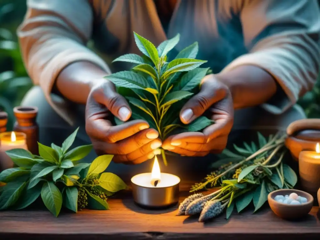 Un curandero indígena prepara una medicina con plantas en un entorno rústico