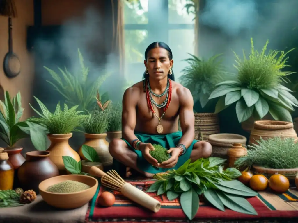 Un curandero indígena preparando una medicina rodeado de hierbas, mientras músicos tocan instrumentos tradicionales