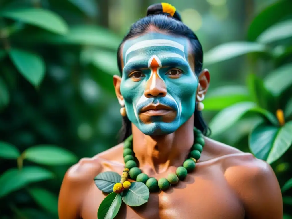 Un curandero indígena en la selva amazónica con suplementos naturales populares como raíz de maca y hojas de coca