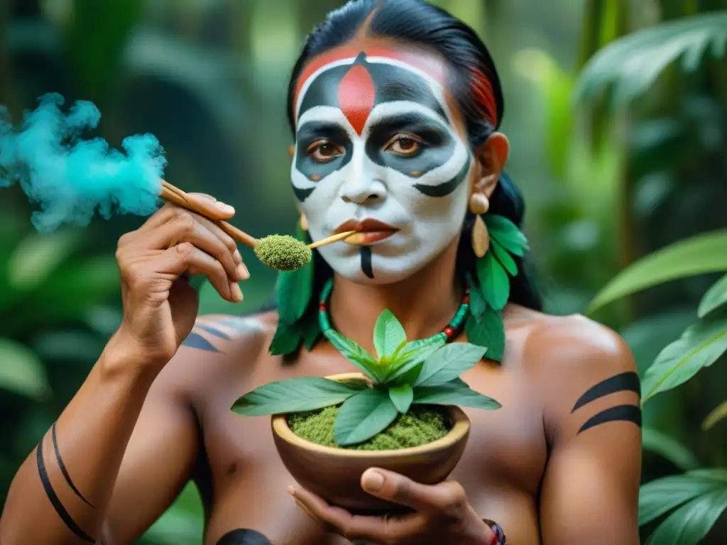 Un curandero indígena de la selva amazónica preparando una poción medicinal con plantas, en un entorno natural exuberante