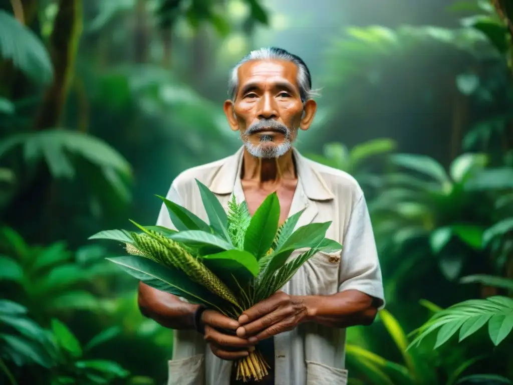 Un curandero indígena en la selva amazónica, experto en el uso de raíces medicinales indígenas, rodeado de exuberante vegetación y luz cálida