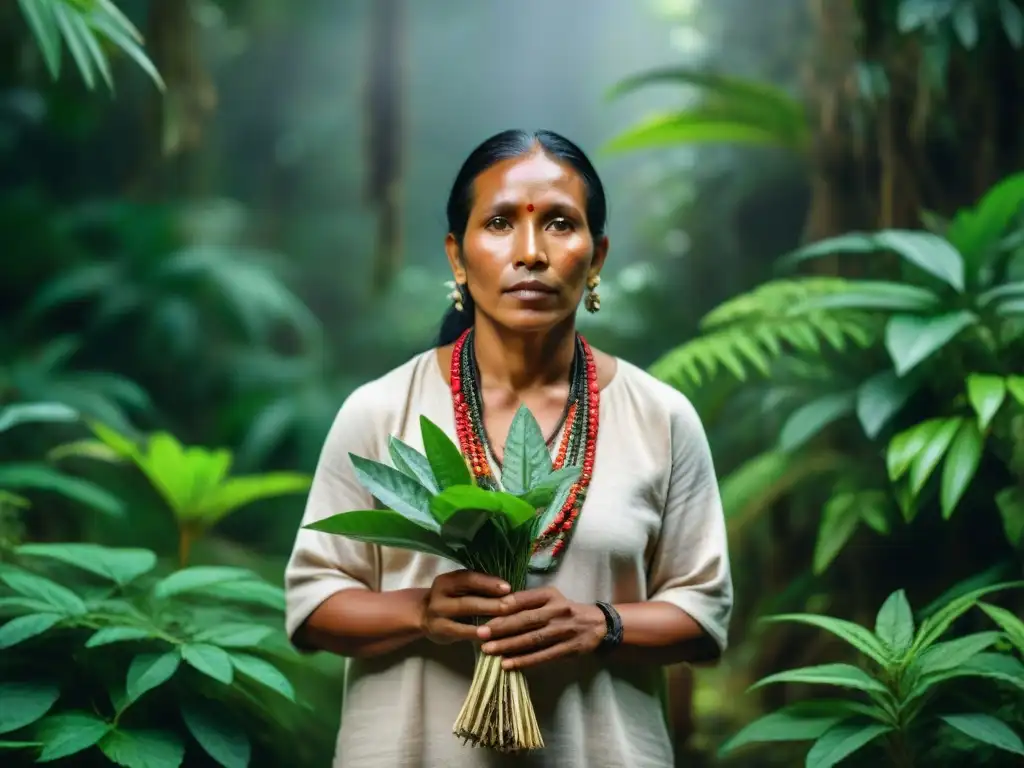 Un curandero indígena en la selva, rodeado de plantas medicinales, realizando un ritual de sanación con concentración