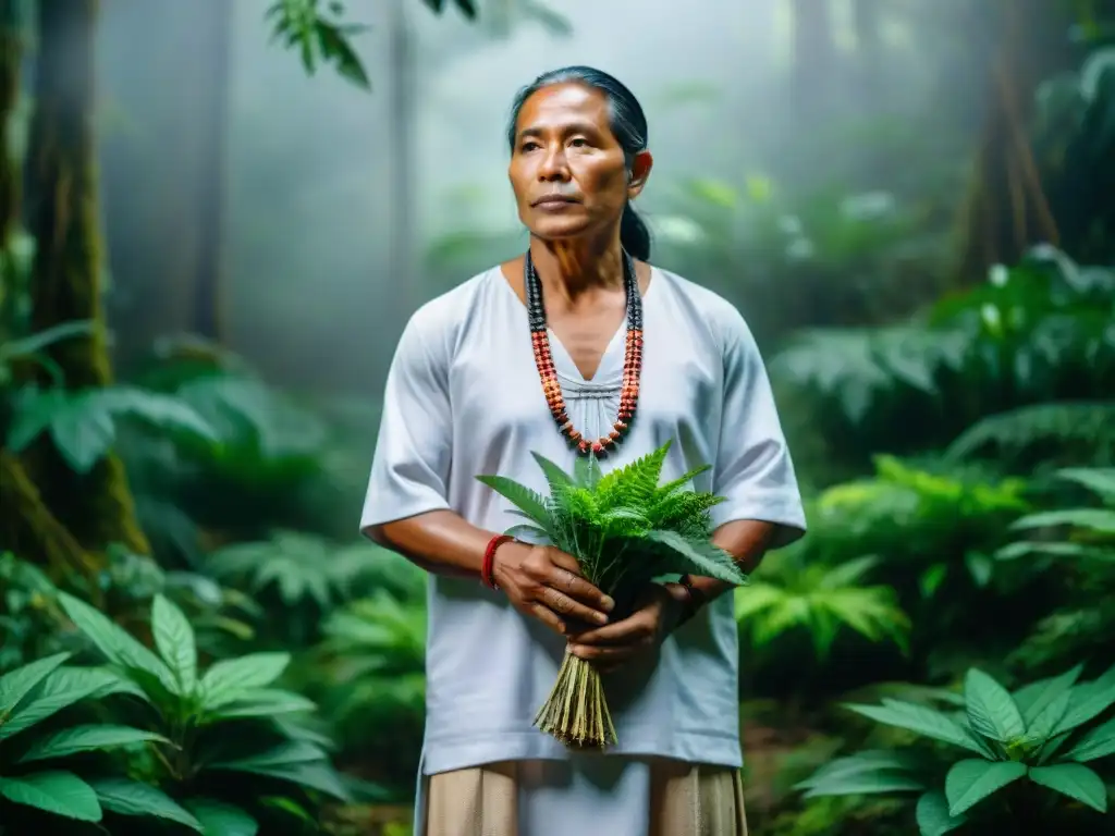 Un curandero indígena en la selva rodeado de plantas medicinales realizando una ceremonia de sanación, destilando sabiduría ancestral