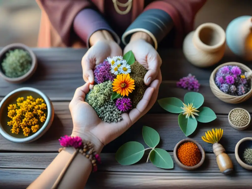 Un curandero indígena selecciona suplementos naturales en detalle