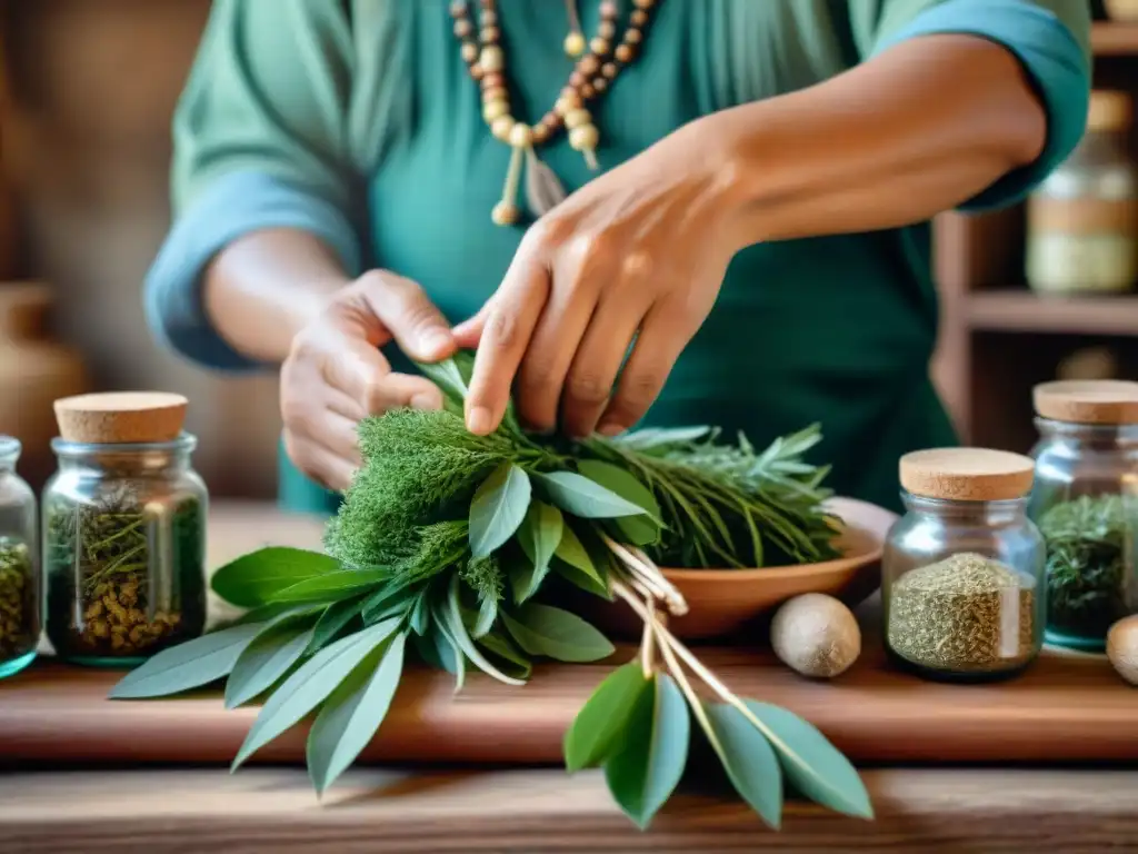 Un curandero Mapuche selecciona hierbas para Medicina herbal tradicional Mapuche