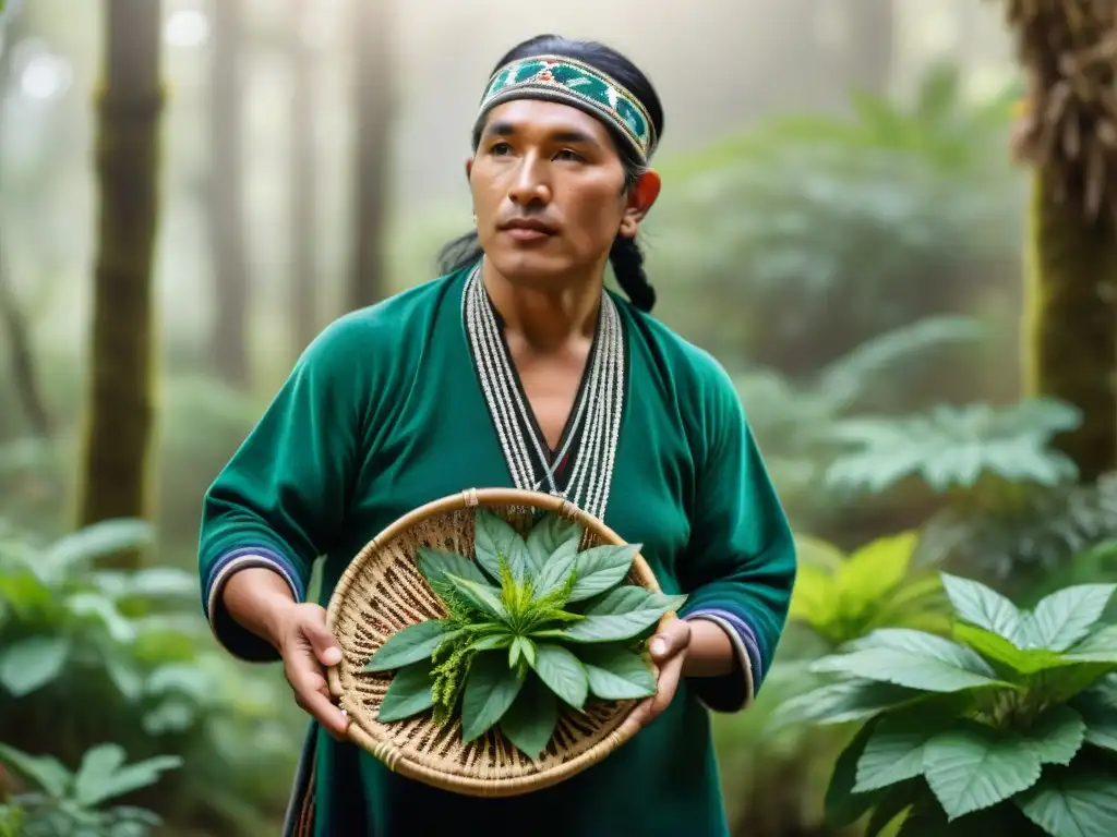 Un curandero Mapuche recolectando hierbas medicinales en el bosque