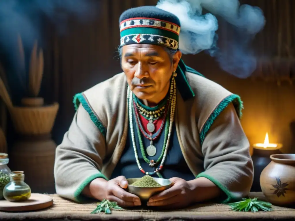 Un curandero Mapuche prepara medicina herbal tradicional rodeado de hierbas en su taller rústico