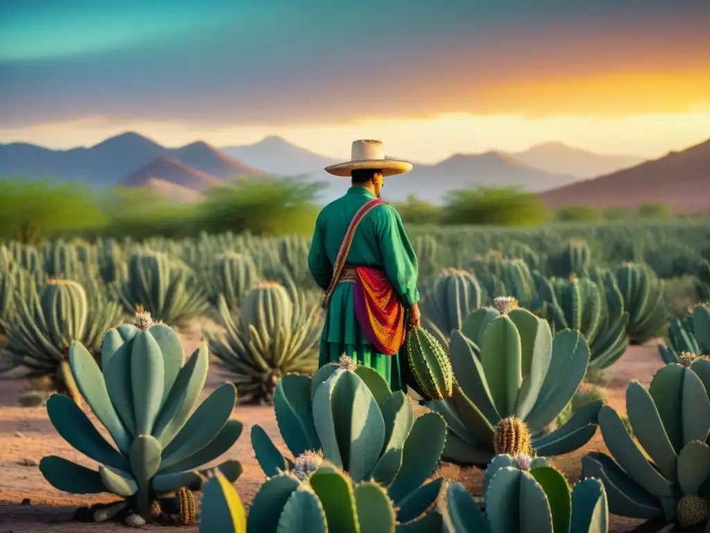 Un curandero mexicano cosechando nopales bajo el sol en un campo de cactus