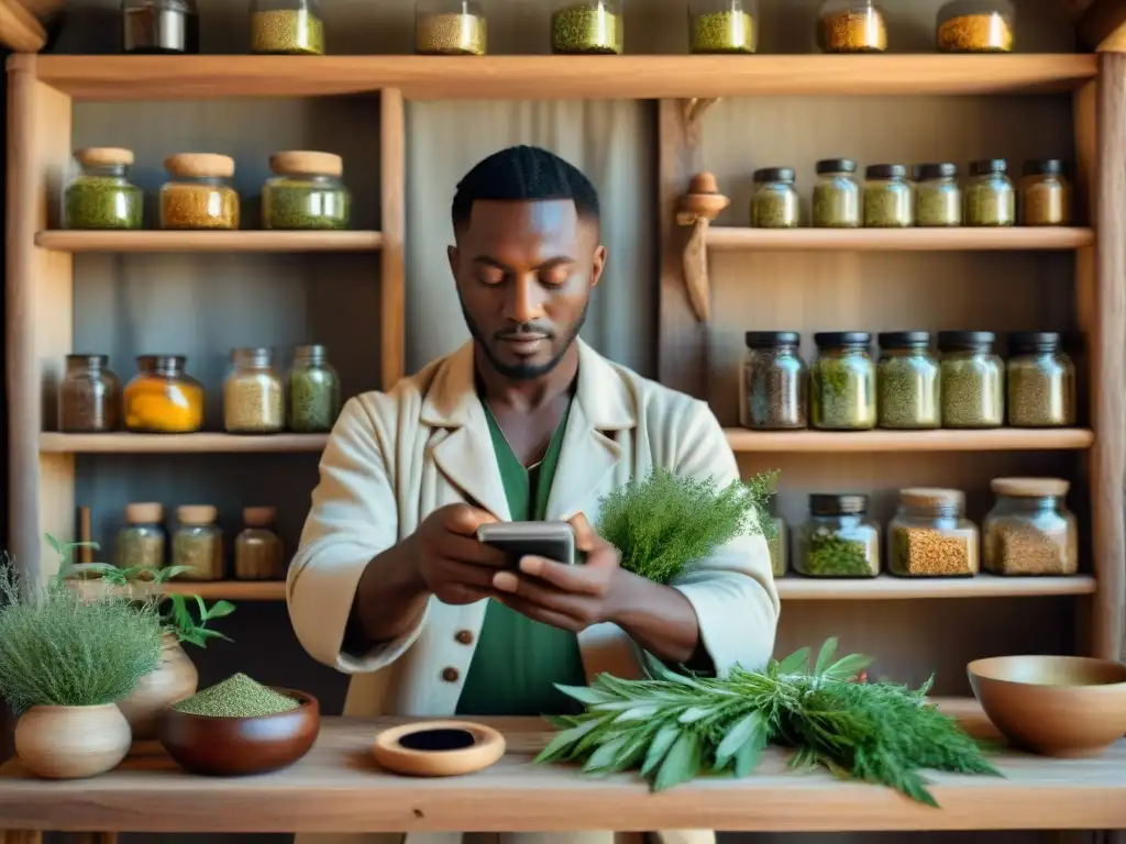 Curandero preparando remedio natural en entorno rural con fusión de medicina tradicional y Aplicaciones móviles medicina tradicional