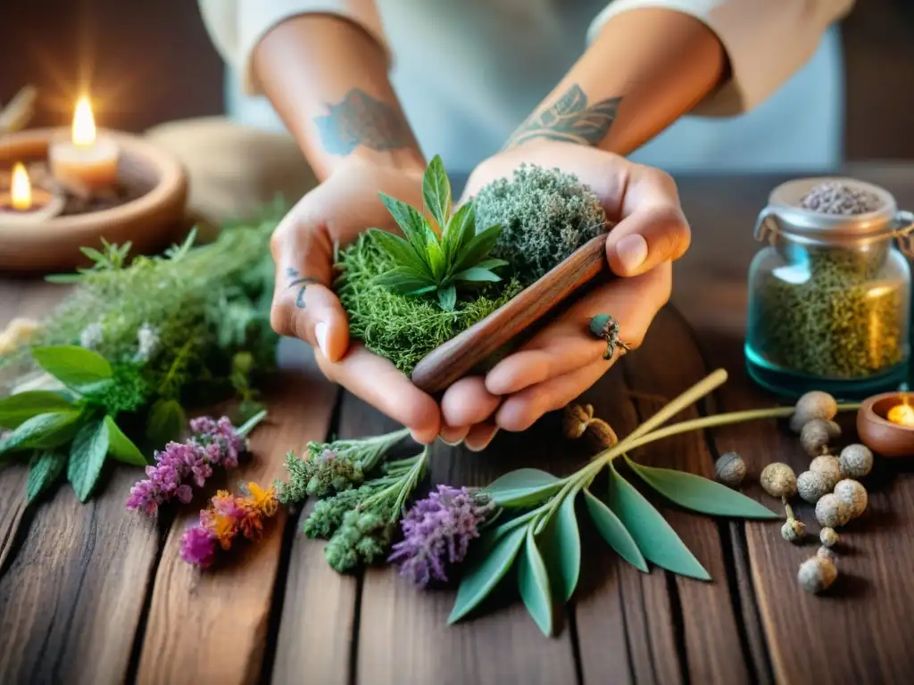 Un curandero tradicional arregla hierbas coloridas en una mesa de madera, fusionando medicina integrativa y tradicional