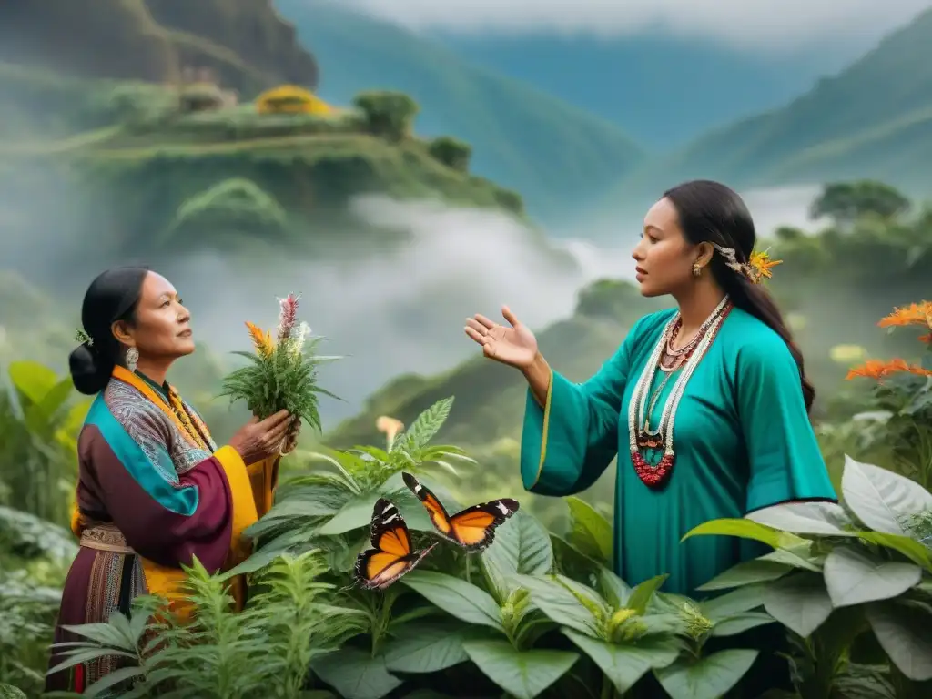 Curanderos indígenas en huerto medicinal, compartiendo sabiduría ancestral