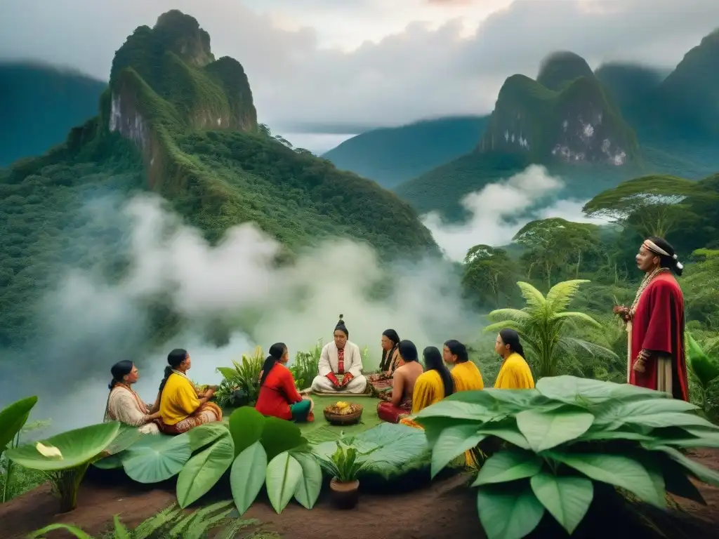 Curanderos indígenas en la selva, ceremonia con plantas medicinales, tradición y conexión con la naturaleza